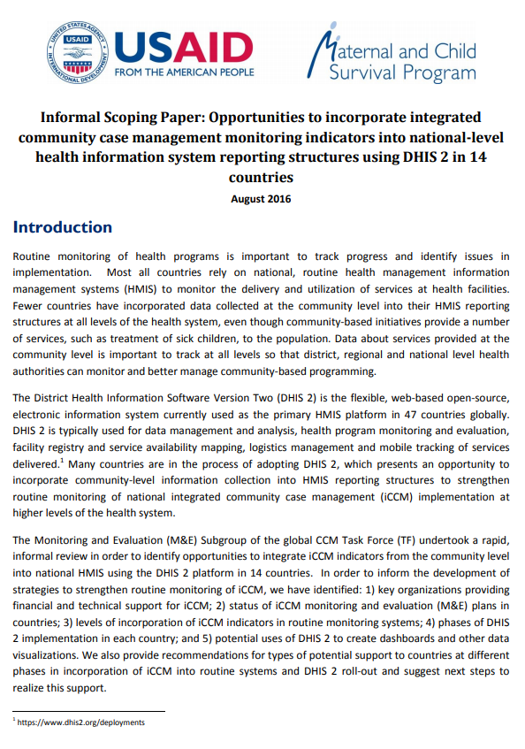 Scoping Paper: Opportunities to Incorporate iCCM Indicators into DHIS2 ...