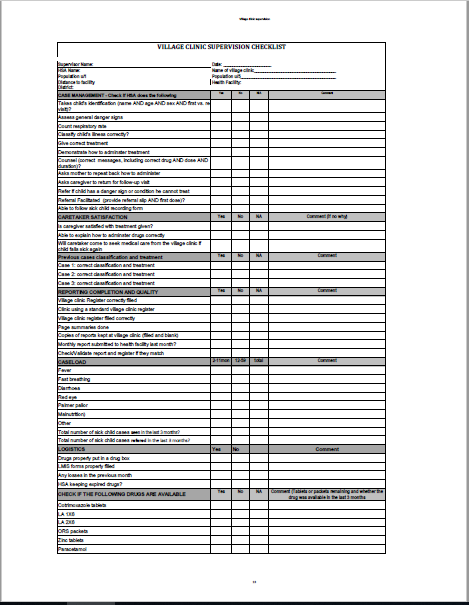 Village Clinic Supervision Checklist: Malawi - (2010) | Child Health ...