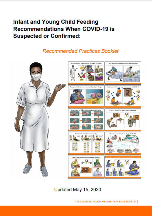 Cover of the IYCF package. Illustration of a health worker standing next to the illustrated counseling cards that are included in the package.