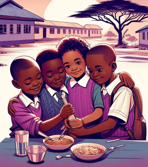 Cartoon of 4 students around a school meal 