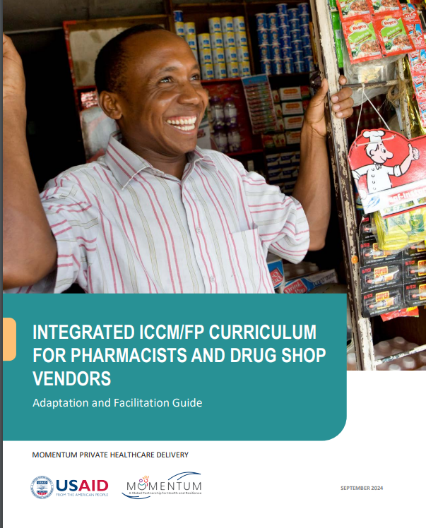 First Page of Adaptation and Facilitation Guide. Title reads "Integrated ICCM/FP Curriculum for Pharmacists and Drug Shop Vendors" and features logos for USAID and MOMENTUM.